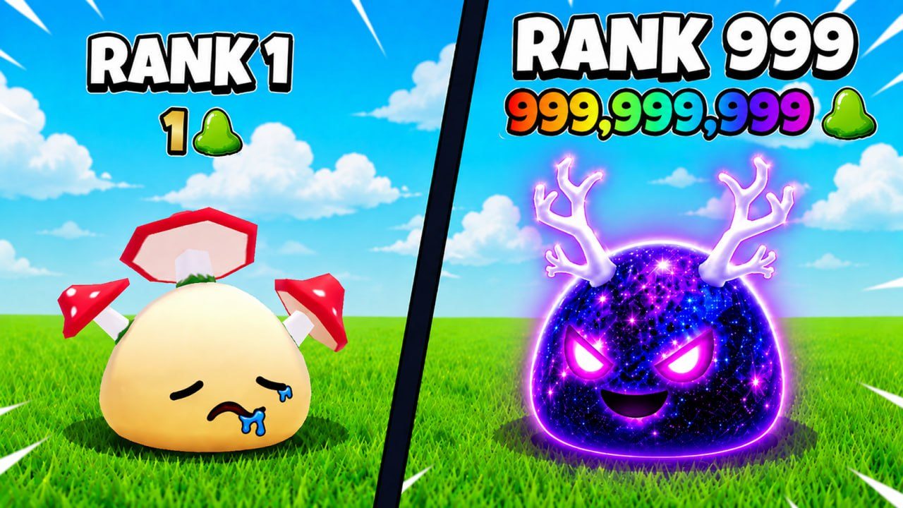 Slime Farm: a rank 1 mushroom slime beside a rank 999 galaxy slime